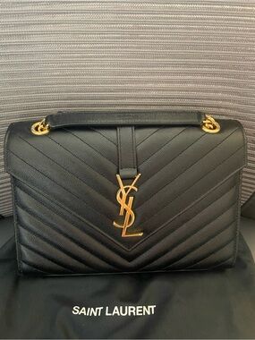 Saint Laurent Black Chevron Quilted Shoulder Bag with Gold YSL Logo